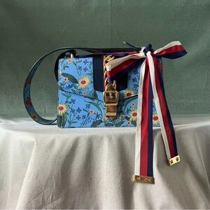 Gucci Blue Leather Floral Print Sylvie Small Shoulder Bag